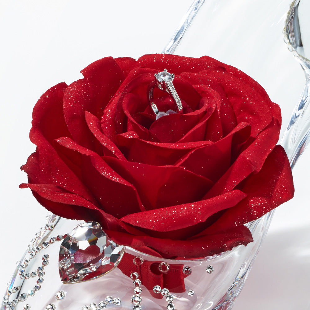 履けるガラスの靴デコレーションハート(右足)赤バラ付き(プロポーズリング入り)